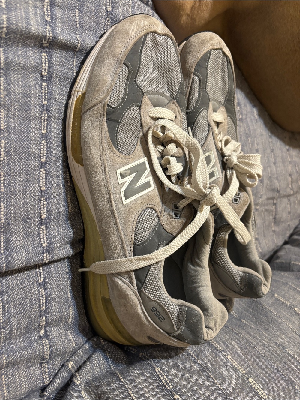 Men’s New Balance Gray and Beige Suede Mesh Sneakers